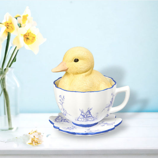 Blue Butterfly Garden Yellow Duck In Teacup Figurine