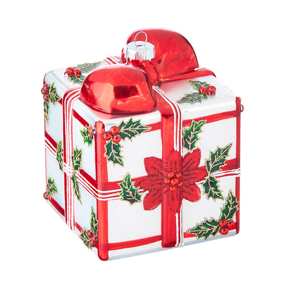 Raz Imports Home for The Holidays 5" Poinsettia with Plaid Gift Box Ornament