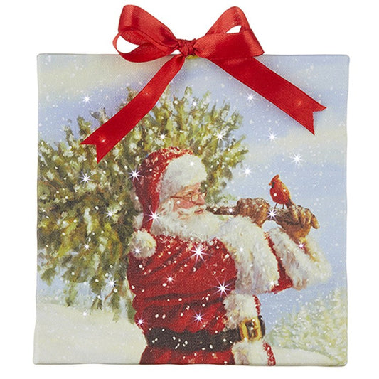 Raz 2022 6" Santa Carrying Chrismtas Tree Lighted Print Ornament w/ Easel Back