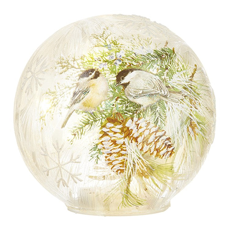 Raz Imports 2022 Winter Cottage 6" Winter Chickadee Lighted Crackle Ball