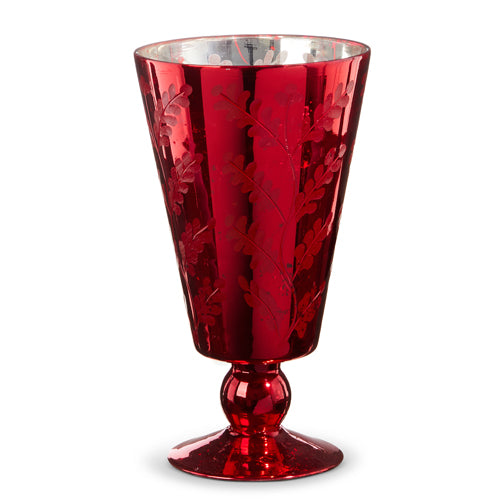 Raz Imports 2023 O Tannenbaum 8.75" Red Leaf Pattern Mercury Glass Vase