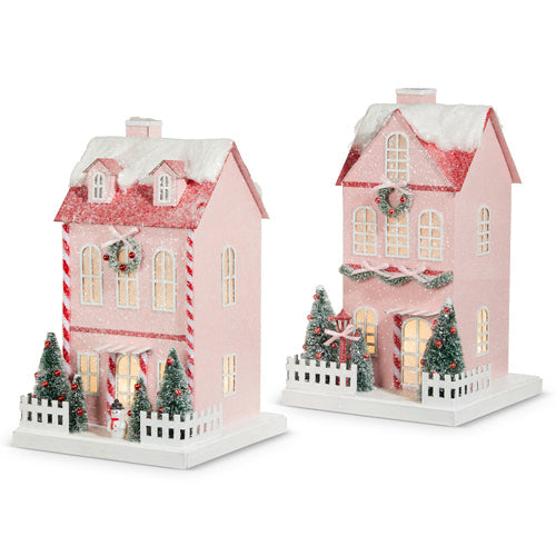 Raz Imports 2023 Jingle & Cocoa 12" Lighted Pink Paper House, Asst of 2