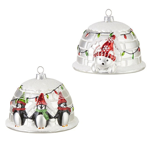 Raz 2022 North Pole Friends 4" Penguin & Polar Bear Igloo Ornament, 2 Asst