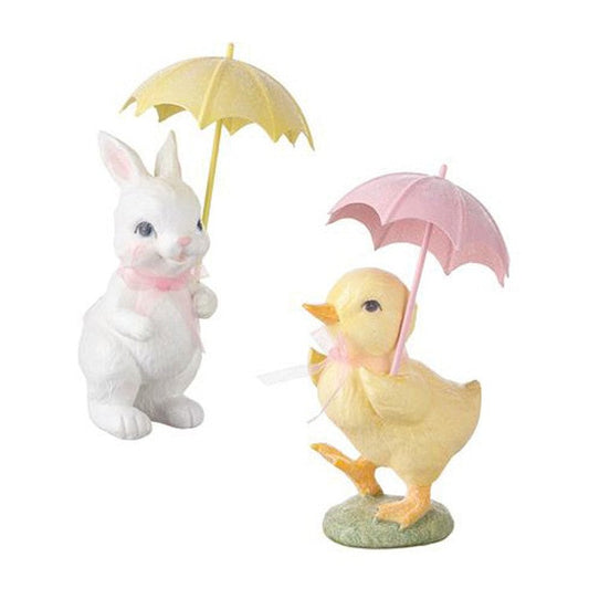 Raz Imports Storybook Spring 7" Glittered Bunny And Duck W/ Umbrella, Asst of 2