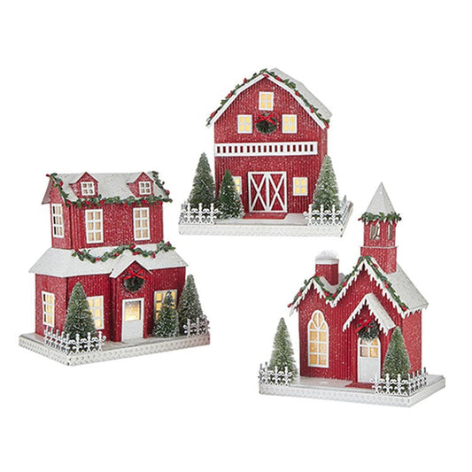 Raz Imports 2022 Countryside Christmas 12.25" Red Lighted Paper House, Asst Of 3