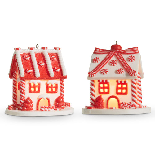 Raz 2023 Jingle & Cocoa 3" Lighted Candy Peppermint House Ornament, Asst of 2