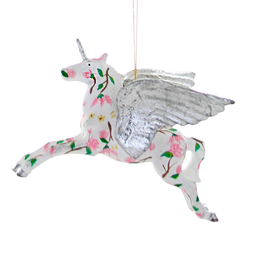 White Floral Pegasus w/ Silver Wings Ornament 6"